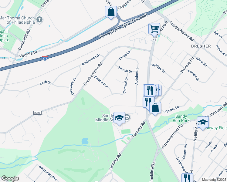 map of restaurants, bars, coffee shops, grocery stores, and more near 524 Cardinal Drive in Dresher