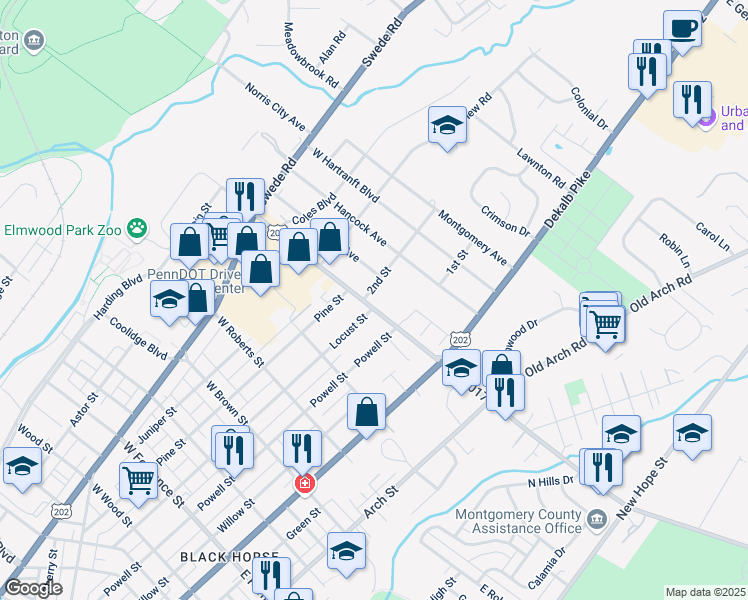 map of restaurants, bars, coffee shops, grocery stores, and more near 199 West Johnson Highway in East Norriton