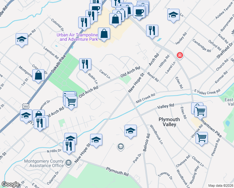 map of restaurants, bars, coffee shops, grocery stores, and more near 2219 New Hope Street in Norristown