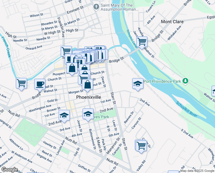map of restaurants, bars, coffee shops, grocery stores, and more near 201 Starr Street in Phoenixville