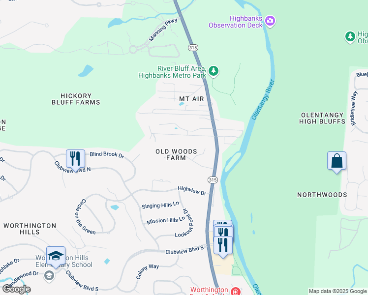map of restaurants, bars, coffee shops, grocery stores, and more near 815 Old Woods Road in Columbus