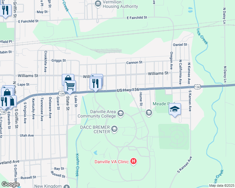 map of restaurants, bars, coffee shops, grocery stores, and more near 11 Blue Star Highway in Danville