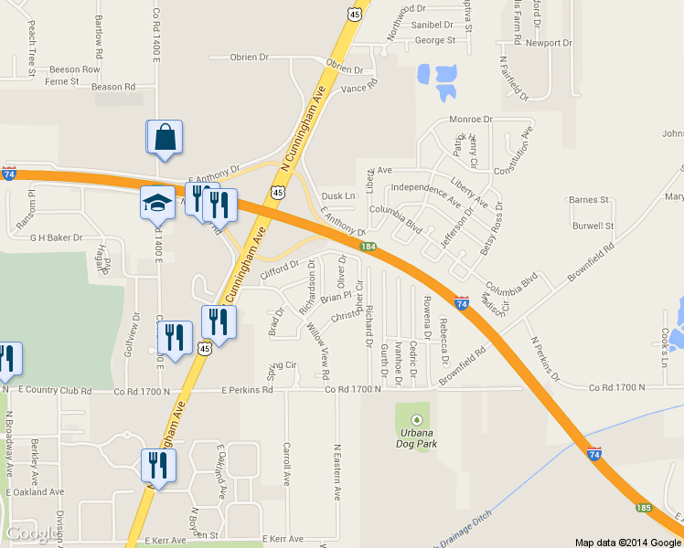 map of restaurants, bars, coffee shops, grocery stores, and more near 1803 Oliver Drive in Urbana