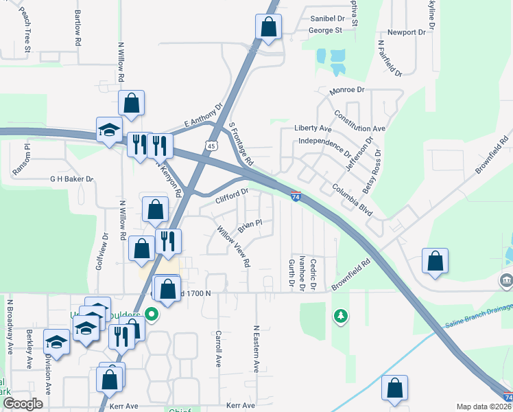 map of restaurants, bars, coffee shops, grocery stores, and more near 1803 Oliver Drive in Urbana