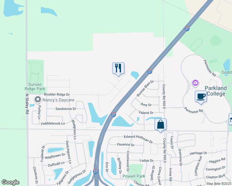 map of restaurants, bars, coffee shops, grocery stores, and more near 3423 Stoneway Court in Champaign