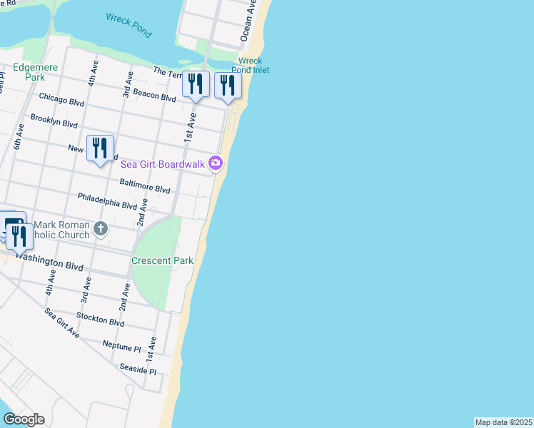 map of restaurants, bars, coffee shops, grocery stores, and more near Sea Girt Boardwalk in Sea Girt