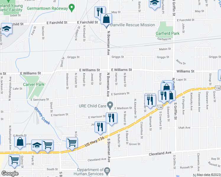 map of restaurants, bars, coffee shops, grocery stores, and more near 409 North Bowman Avenue in Danville