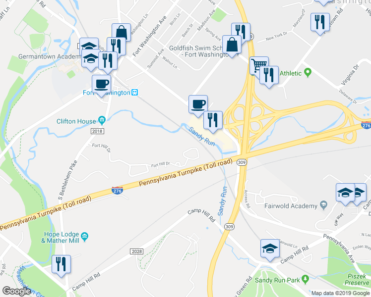 map of restaurants, bars, coffee shops, grocery stores, and more near 415 Fort Hill Circle in Fort Washington