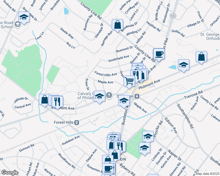 map of restaurants, bars, coffee shops, grocery stores, and more near 13451 Philmont Avenue in Philadelphia