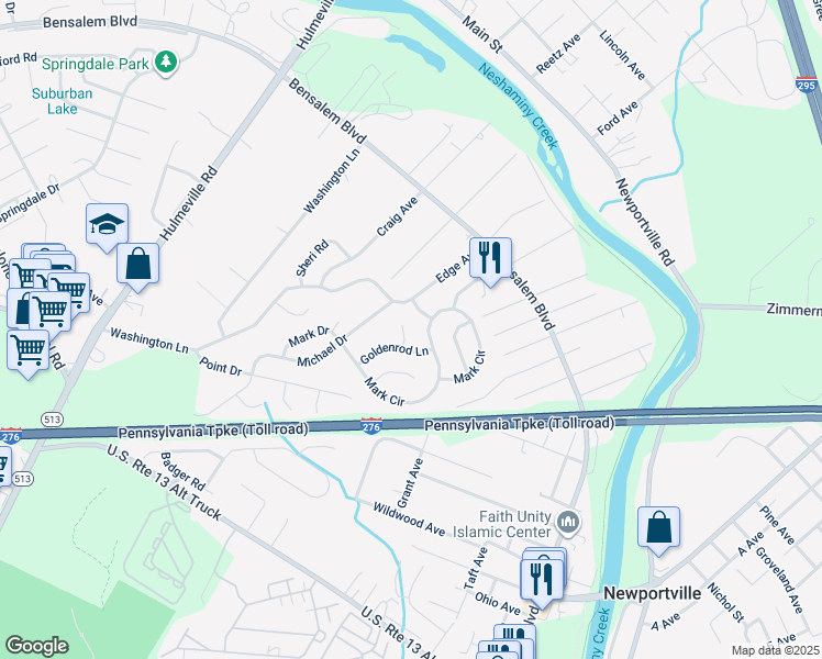 map of restaurants, bars, coffee shops, grocery stores, and more near 1212 Primrose Lane in Bensalem
