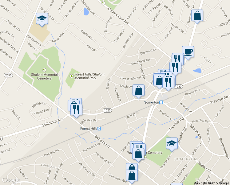 map of restaurants, bars, coffee shops, grocery stores, and more near 14026 Faraday St in Philadelphia