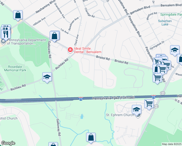 map of restaurants, bars, coffee shops, grocery stores, and more near 180 Saddlebrook Drive in Bensalem