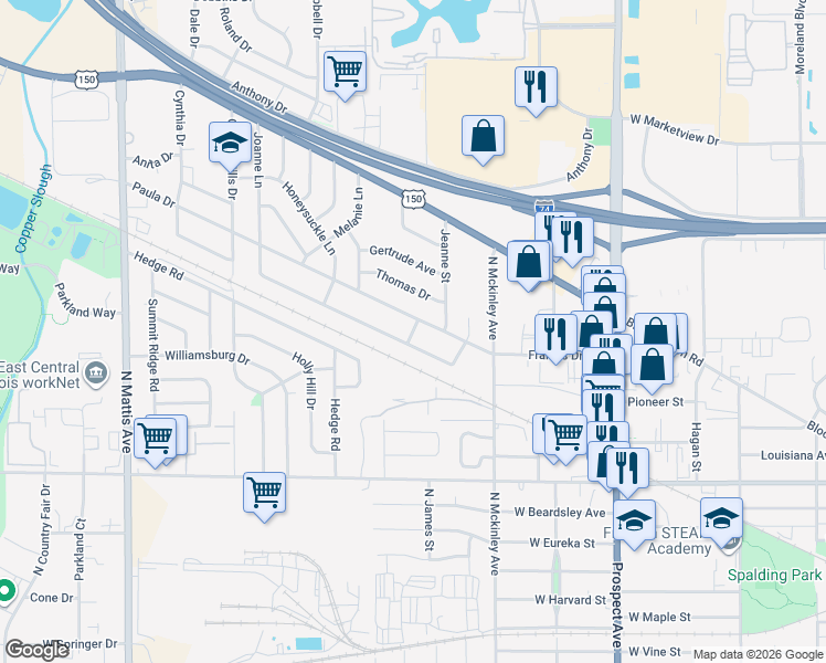 map of restaurants, bars, coffee shops, grocery stores, and more near 1207 Joanne Lane in Champaign