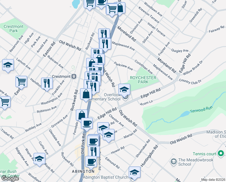 map of restaurants, bars, coffee shops, grocery stores, and more near 2024 Old Welsh Road in Abington