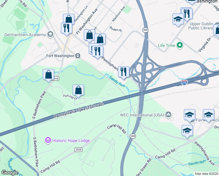 map of restaurants, bars, coffee shops, grocery stores, and more near 404 Fort Hill Circle in Fort Washington