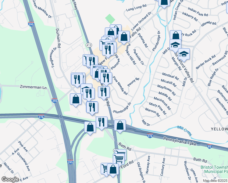map of restaurants, bars, coffee shops, grocery stores, and more near 39 Plumtree Road in Levittown