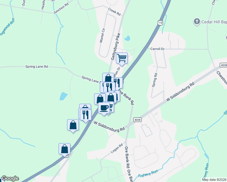 map of restaurants, bars, coffee shops, grocery stores, and more near Highway 15 North in Dillsburg