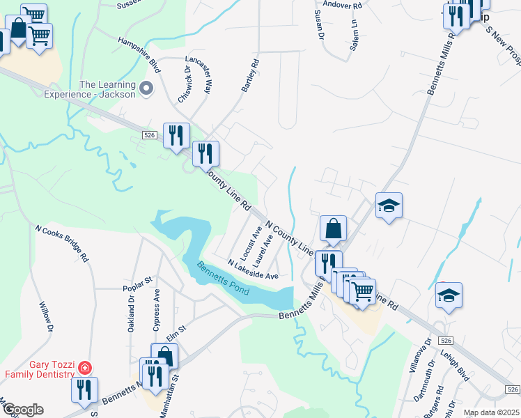 map of restaurants, bars, coffee shops, grocery stores, and more near 44 North County Line Road in Jackson Township