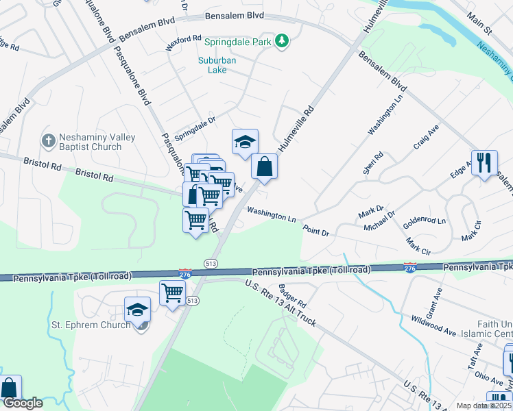 map of restaurants, bars, coffee shops, grocery stores, and more near 2113 Washington Lane in Bensalem