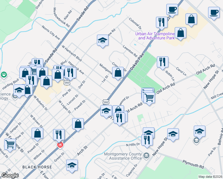map of restaurants, bars, coffee shops, grocery stores, and more near 2108 Dekalb Pike in Montgomery County