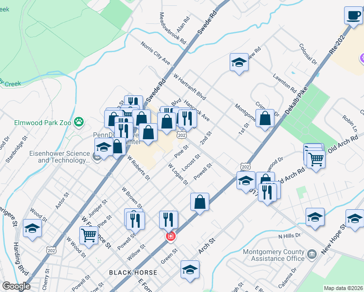 map of restaurants, bars, coffee shops, grocery stores, and more near 1805 Pine Street in Norristown