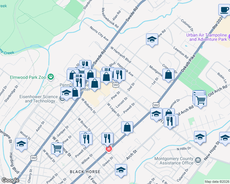 map of restaurants, bars, coffee shops, grocery stores, and more near 1805 Pine Street in Norristown
