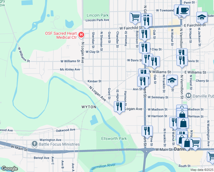 map of restaurants, bars, coffee shops, grocery stores, and more near 401-499 North Sherman Street in Danville