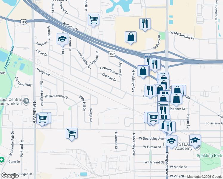 map of restaurants, bars, coffee shops, grocery stores, and more near 1207 Joanne Lane in Champaign