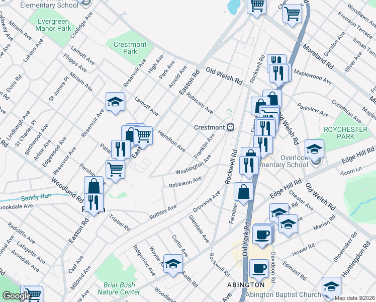 map of restaurants, bars, coffee shops, grocery stores, and more near 2232 Hamilton Avenue in Willow Grove