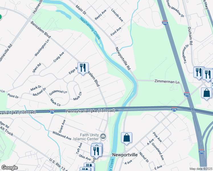 map of restaurants, bars, coffee shops, grocery stores, and more near 6349 Crescent Avenue in Bensalem