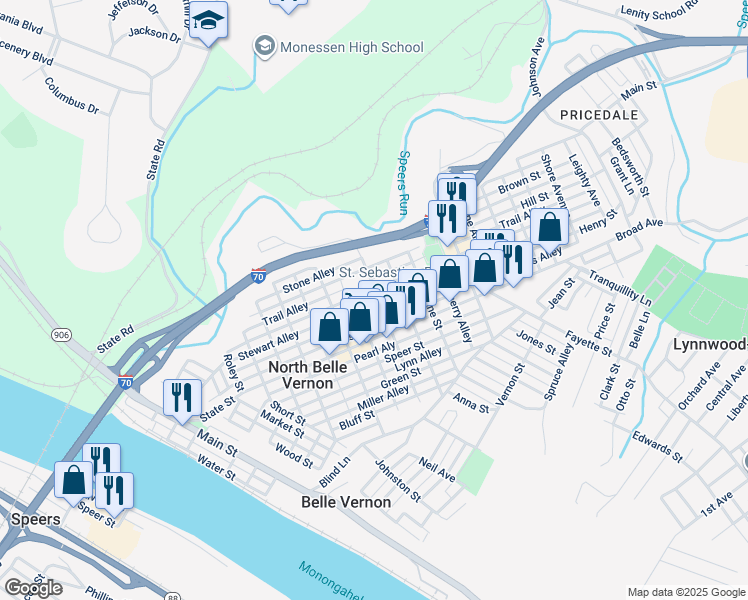 map of restaurants, bars, coffee shops, grocery stores, and more near 304 Baltimore Street in Belle Vernon