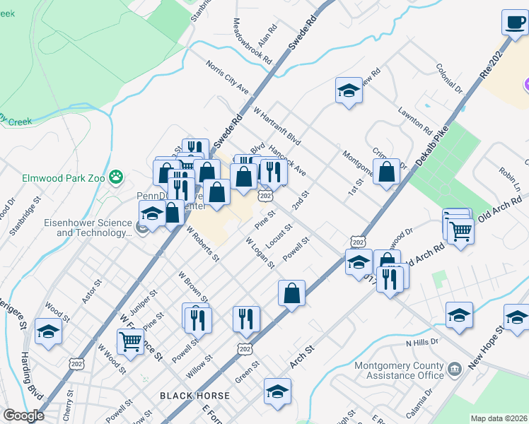 map of restaurants, bars, coffee shops, grocery stores, and more near 1805 Pine Street in Norristown