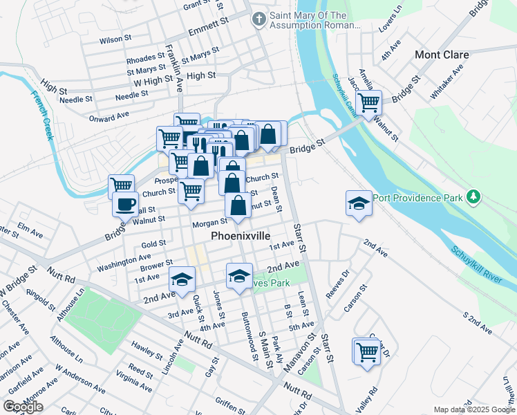 map of restaurants, bars, coffee shops, grocery stores, and more near 19 Walnut Street in Phoenixville