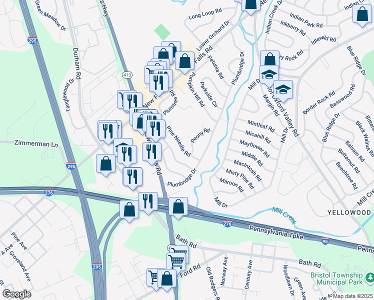 map of restaurants, bars, coffee shops, grocery stores, and more near 20 Pine Needle Road in Levittown