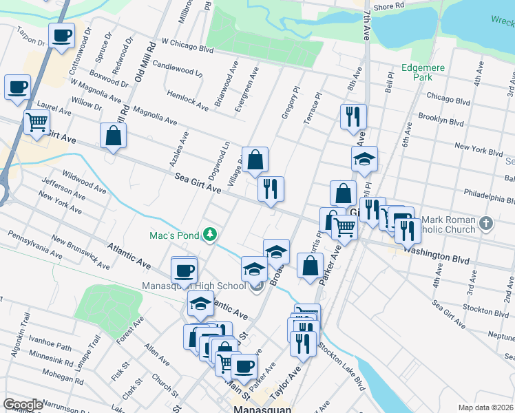 map of restaurants, bars, coffee shops, grocery stores, and more near 28 Old Squan Road in Manasquan