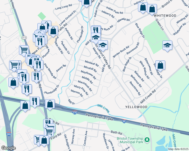 map of restaurants, bars, coffee shops, grocery stores, and more near 18 Mayflower Road in Levittown