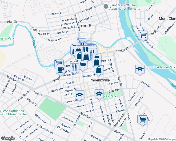 map of restaurants, bars, coffee shops, grocery stores, and more near in Phoenixville