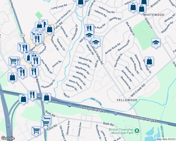 map of restaurants, bars, coffee shops, grocery stores, and more near 18 Mayflower Road in Levittown