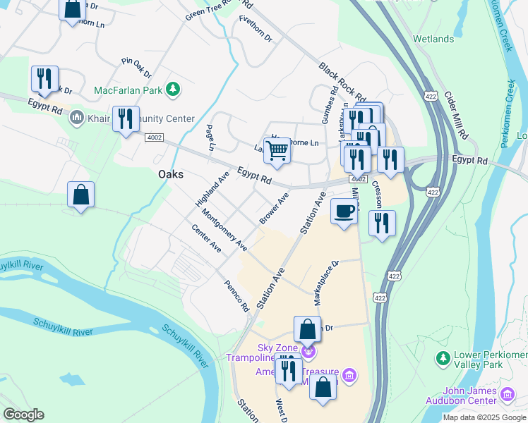 map of restaurants, bars, coffee shops, grocery stores, and more near 410 Brower Avenue in Phoenixville