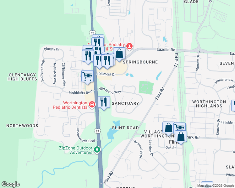 map of restaurants, bars, coffee shops, grocery stores, and more near 139 Green Springs Drive in Columbus