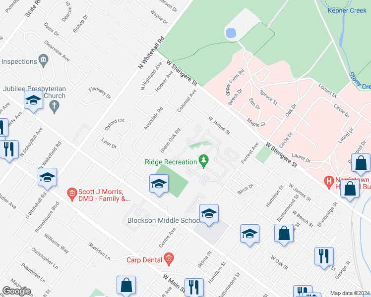 map of restaurants, bars, coffee shops, grocery stores, and more near 809 Northridge Drive in Norristown