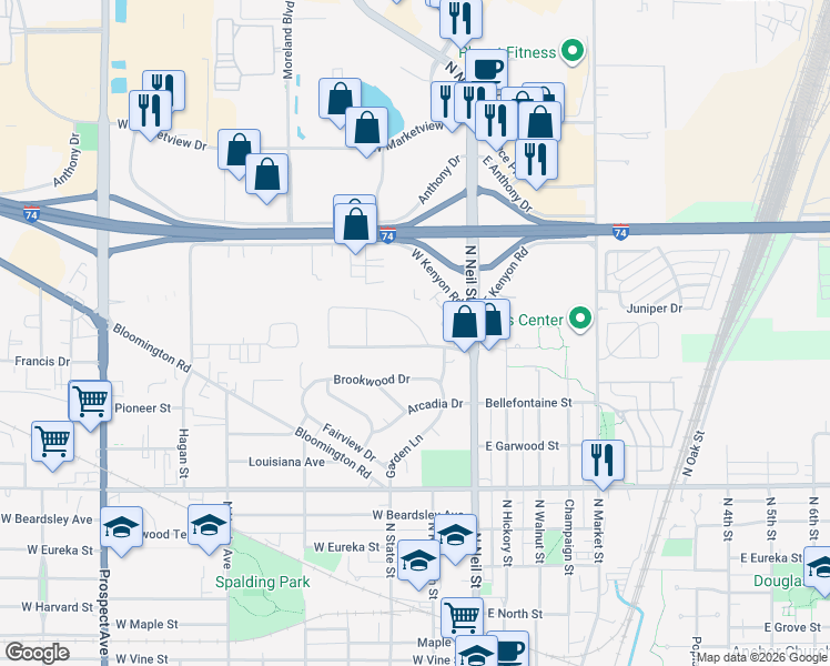 map of restaurants, bars, coffee shops, grocery stores, and more near 216 Briar Lane in Champaign