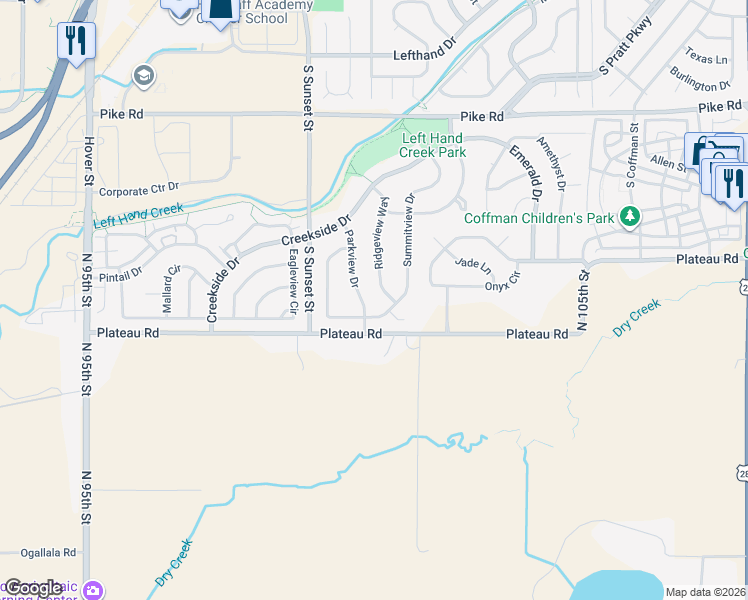 map of restaurants, bars, coffee shops, grocery stores, and more near 2221 Ridgeview Way in Longmont