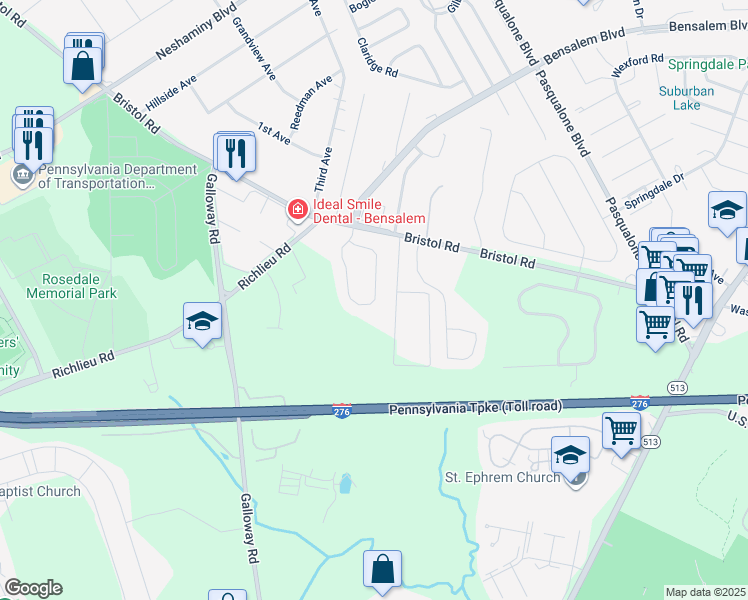 map of restaurants, bars, coffee shops, grocery stores, and more near 196 Saddlebrook Drive in Bensalem