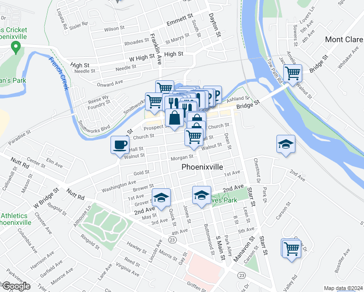 map of restaurants, bars, coffee shops, grocery stores, and more near 110 Main Street in Phoenixville