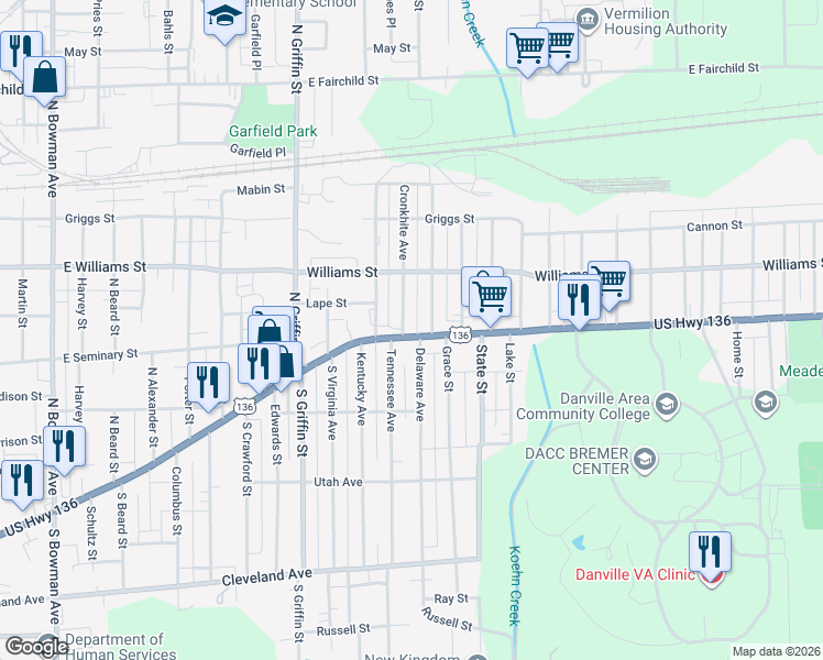 map of restaurants, bars, coffee shops, grocery stores, and more near 13 Fairweight Avenue in Danville