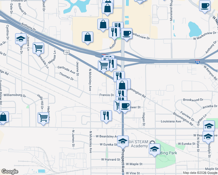 map of restaurants, bars, coffee shops, grocery stores, and more near 1518 North Willis Avenue in Champaign