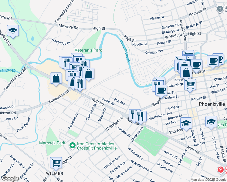 map of restaurants, bars, coffee shops, grocery stores, and more near 799 Mason Street in Phoenixville