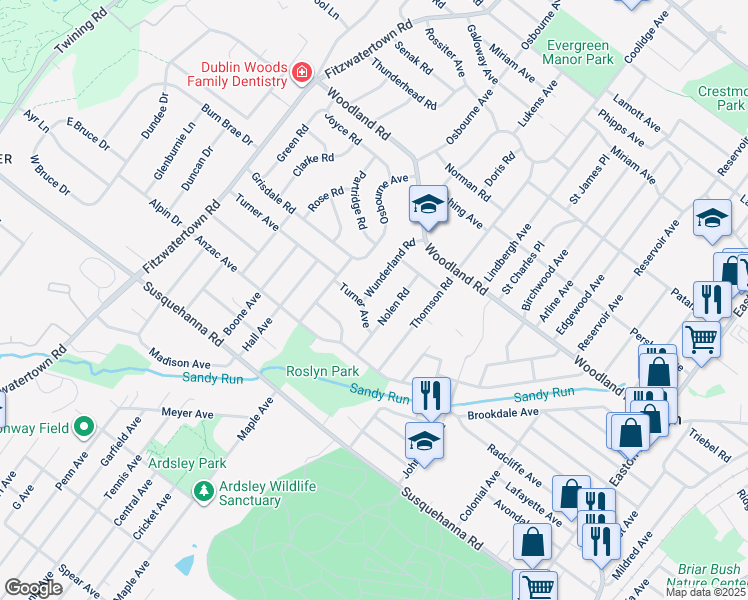 map of restaurants, bars, coffee shops, grocery stores, and more near 1247 Wunderland Road in Roslyn