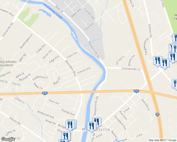 map of restaurants, bars, coffee shops, grocery stores, and more near 6425 Crescent Avenue in Bensalem